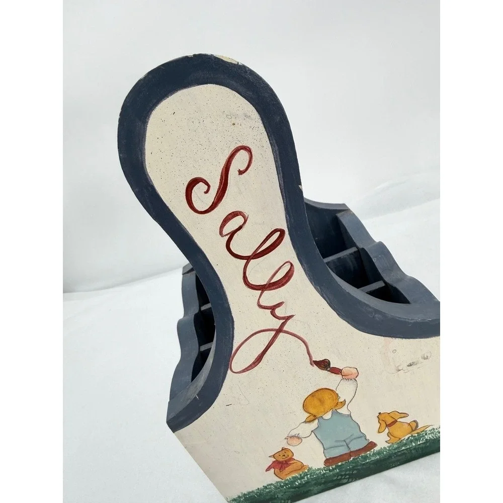 Handmade Wooden Caddy SALLY Hand Painted Girl Dog Sunflowers Cottage Core